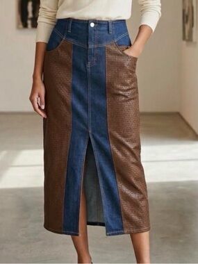Avec Les Filles Colorblock Denim & Faux Leather Maxi Skirt